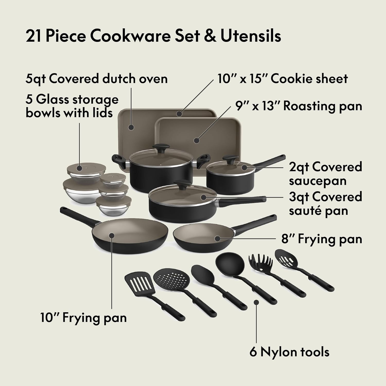 Bella 21 Piece Kitchen Set with EverGood Ceramic Nonstick Coating, Dishwasher & Oven Safe, Black Bella 21 Piece Kitchen Set with EverGood Ceramic Nonstick Coating, Dishwasher & Oven Safe, Black - Image 3