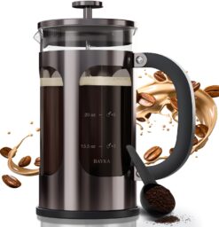 BAYKA 34 Ounce 1 Liter French Press Coffee Maker, Heat Resistant Thickened Borosilicate Glass Stainless Steel Brewer, Dark Pewter