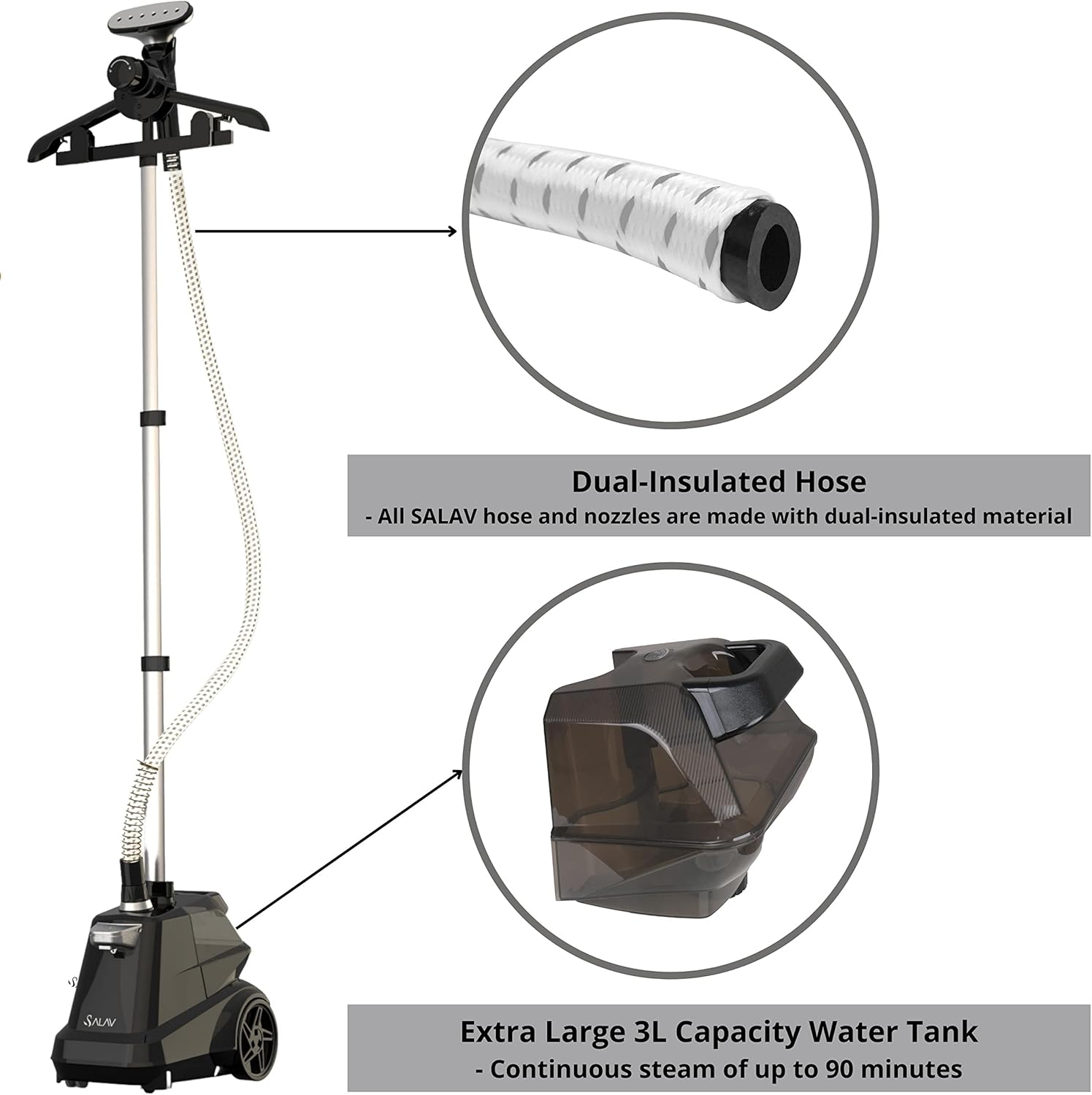 SALAV Heavy Duty Commercial Full-Size Garment Steamer with Foot Pedals and Extra Large 3L (101.5 oz) Water Tank, (Navy) SALAV Heavy Duty Commercial Full-Size Garment Steamer with Foot Pedals and Extra Large 3L (101.5 oz) Water Tank, (Navy) - Image 7