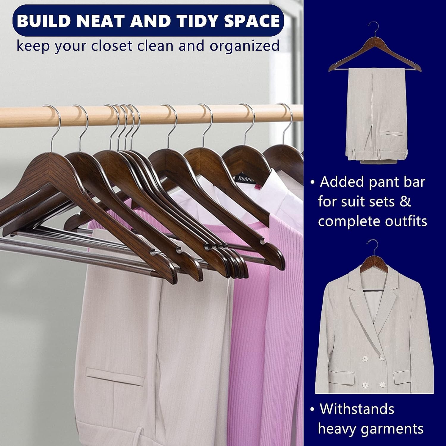 Amber Home 30 Pack Vintage Wooden Coat Hangers, Walunt Wood Suit Hangers with Non Slip Pant Bar (Retro, 30) Amber Home 30 Pack Vintage Wooden Coat Hangers, Walunt Wood Suit Hangers with Non Slip Pant Bar (Retro, 30) - Image 4