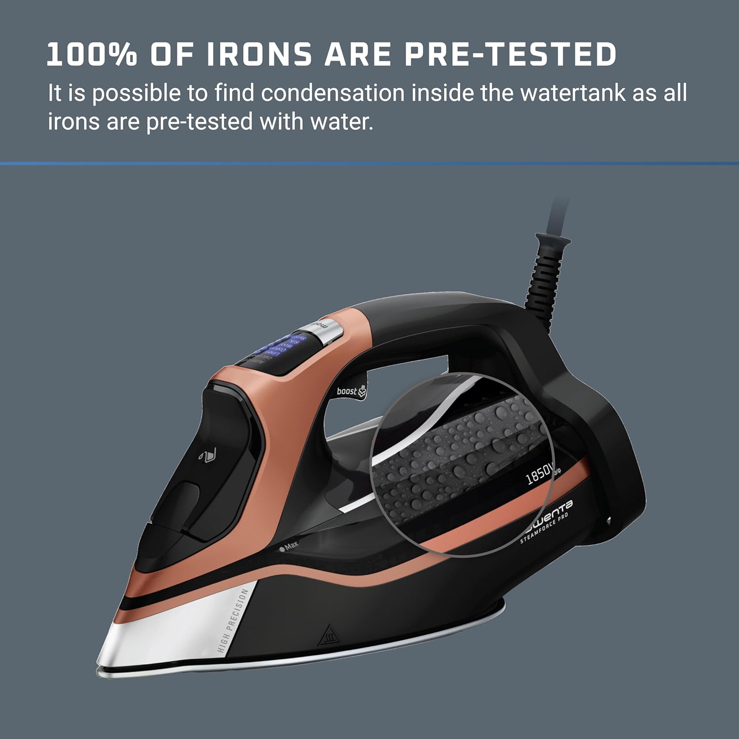 Rowenta Iron Steam Force Pro Steam Iron for Clothes 1850 watts, 5 presets Smart Screen, Stainless Steel Soleplate, Black Copper Rowenta Iron Steam Force Pro Steam Iron for Clothes 1850 watts, 5 presets Smart Screen, Stainless Steel Soleplate, Black Copper - Image 5