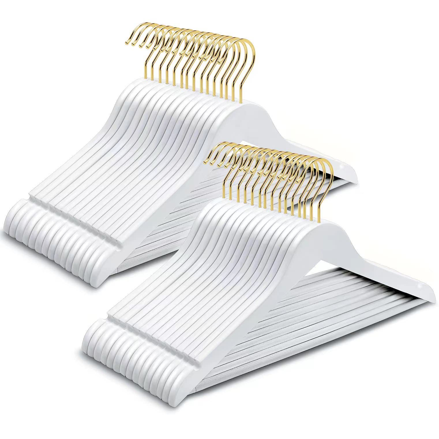 Amber Home 30 Pack Solid Wood Suit Coat Hangers, Smooth White Finish Wooden Dress Hangers with Non Slip Pant Bar (White+Gold, 30) Amber Home 30 Pack Solid Wood Suit Coat Hangers, Smooth White Finish Wooden Dress Hangers with Non Slip Pant Bar (White+Gold, 30)