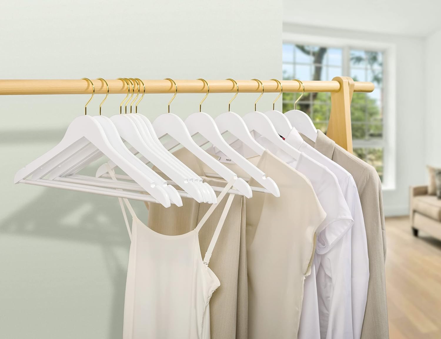 Amber Home 30 Pack Solid Wood Suit Coat Hangers, Smooth White Finish Wooden Dress Hangers with Non Slip Pant Bar (White+Gold, 30) Amber Home 30 Pack Solid Wood Suit Coat Hangers, Smooth White Finish Wooden Dress Hangers with Non Slip Pant Bar (White+Gold, 30) - Image 3