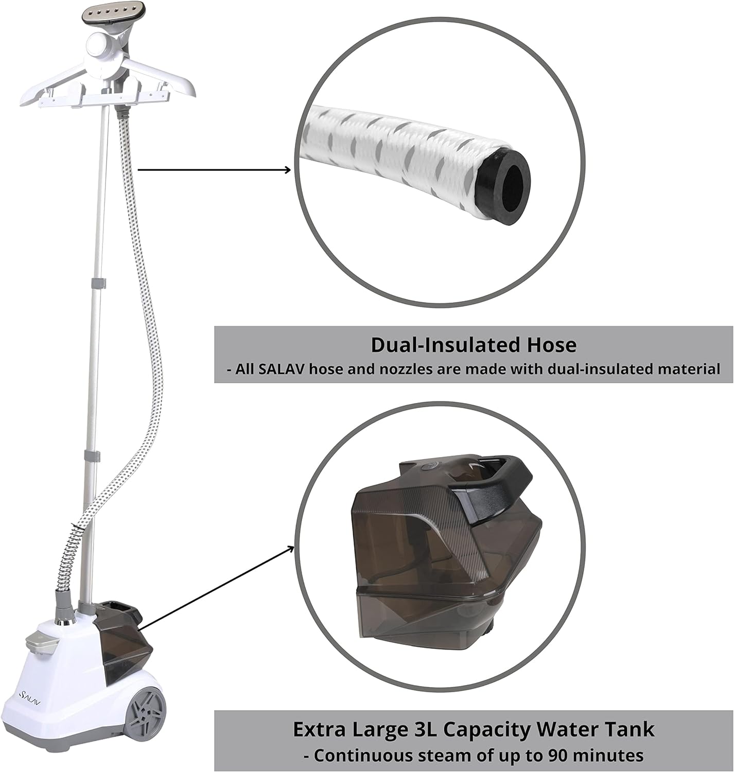 SALAV Heavy Duty Commercial Full-Size Garment Steamer with Foot Pedals and Extra Large 3L (101.5 oz) Water Tank, 1800 watts (White) SALAV Heavy Duty Commercial Full-Size Garment Steamer with Foot Pedals and Extra Large 3L (101.5 oz) Water Tank, 1800 watts (White) - Image 6