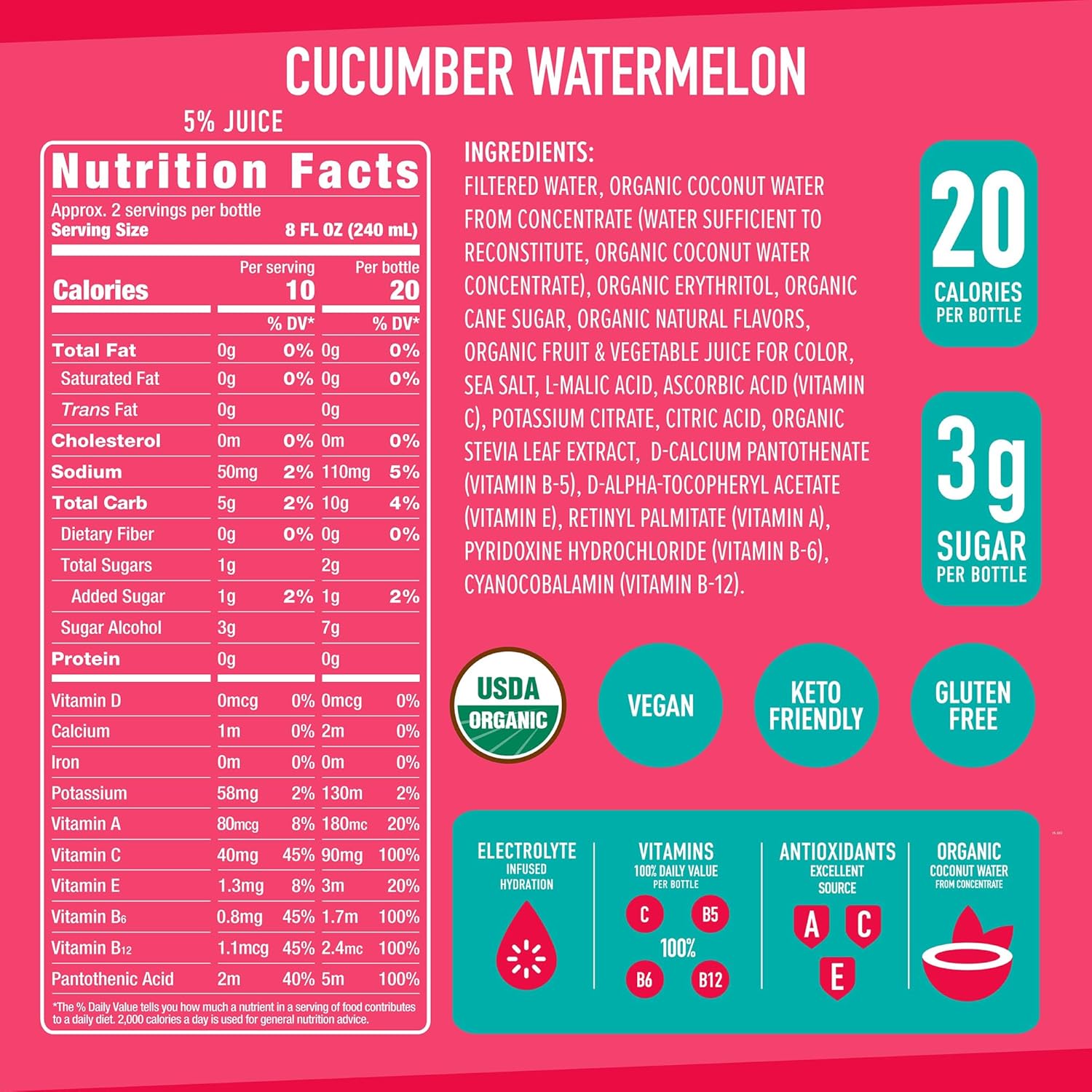 Roar Organic Electrolyte Infusions - USDA Organic - Cucumber Watermelon, Coconut Water Infused Beverage 18 Fl Oz (Pack of 12) Roar Organic Electrolyte Infusions - USDA Organic - Cucumber Watermelon, Coconut Water Infused Beverage 18 Fl Oz (Pack of 12) - Image 6