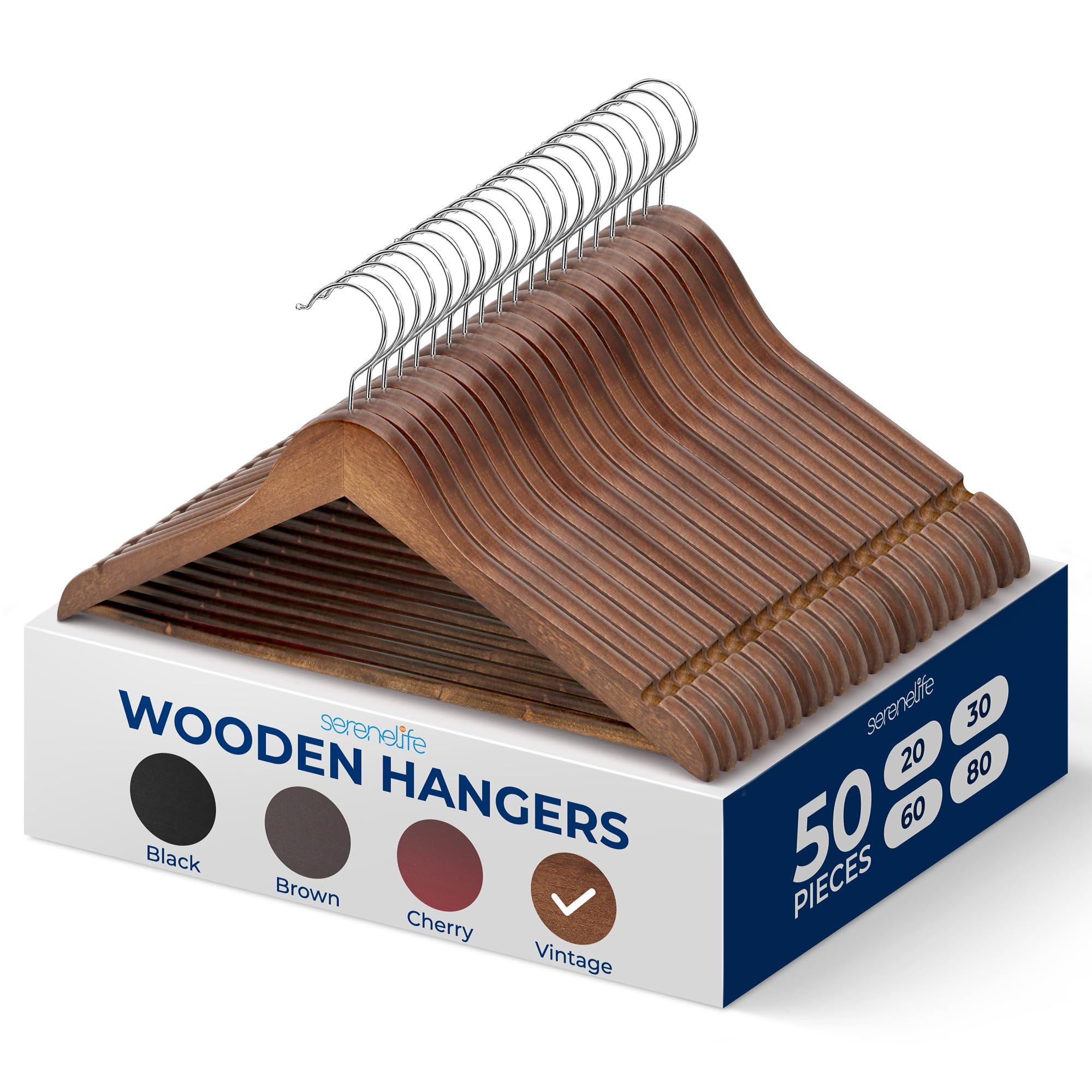 SereneLife 50-Pack Wooden Coat Hangers – Durable Suit Hangers with 360° Swivel Hook & Notches (Vintage) SereneLife 50-Pack Wooden Coat Hangers – Durable Suit Hangers with 360° Swivel Hook & Notches (Vintage)