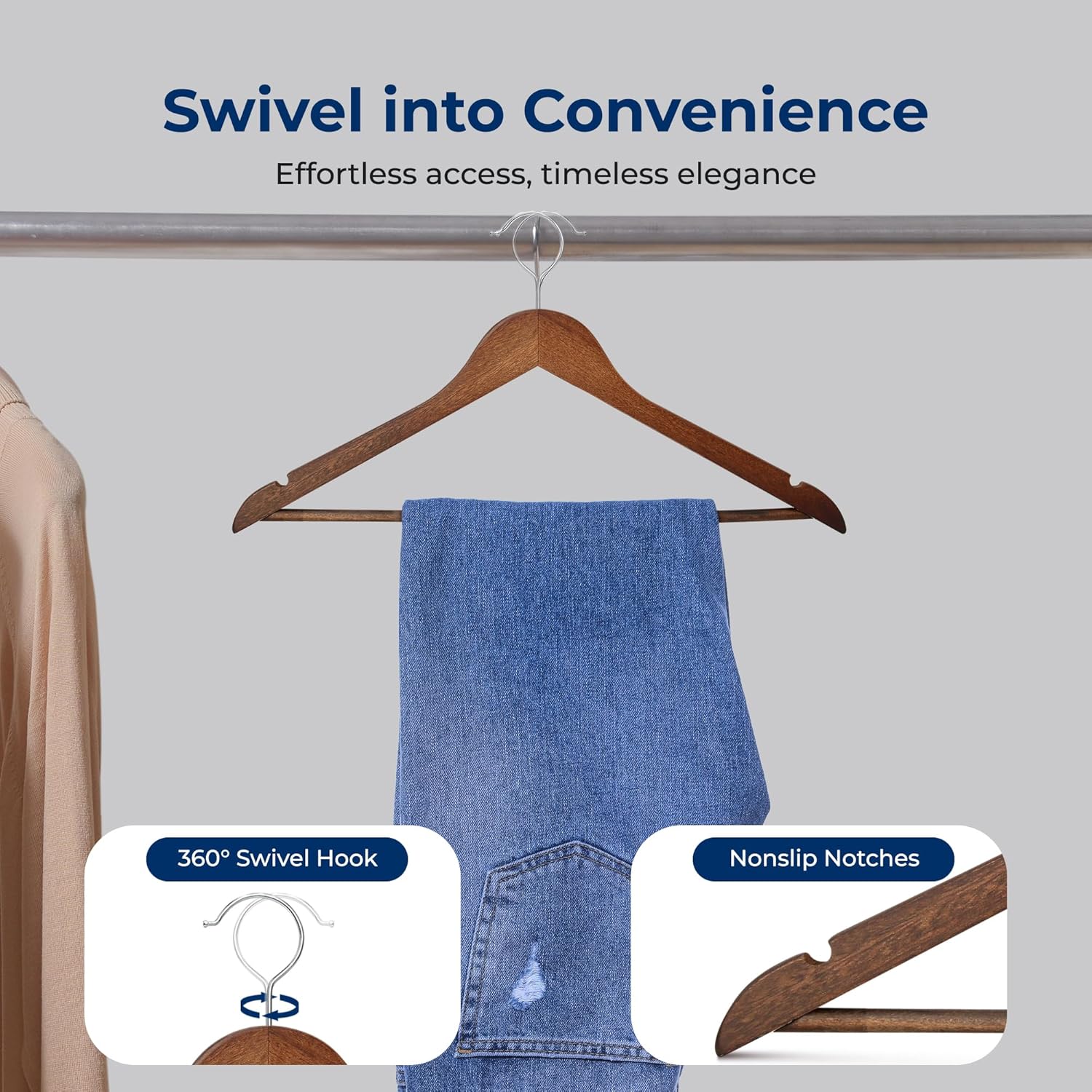 SereneLife 50-Pack Wooden Coat Hangers – Durable Suit Hangers with 360° Swivel Hook & Notches (Vintage) SereneLife 50-Pack Wooden Coat Hangers – Durable Suit Hangers with 360° Swivel Hook & Notches (Vintage) - Image 3