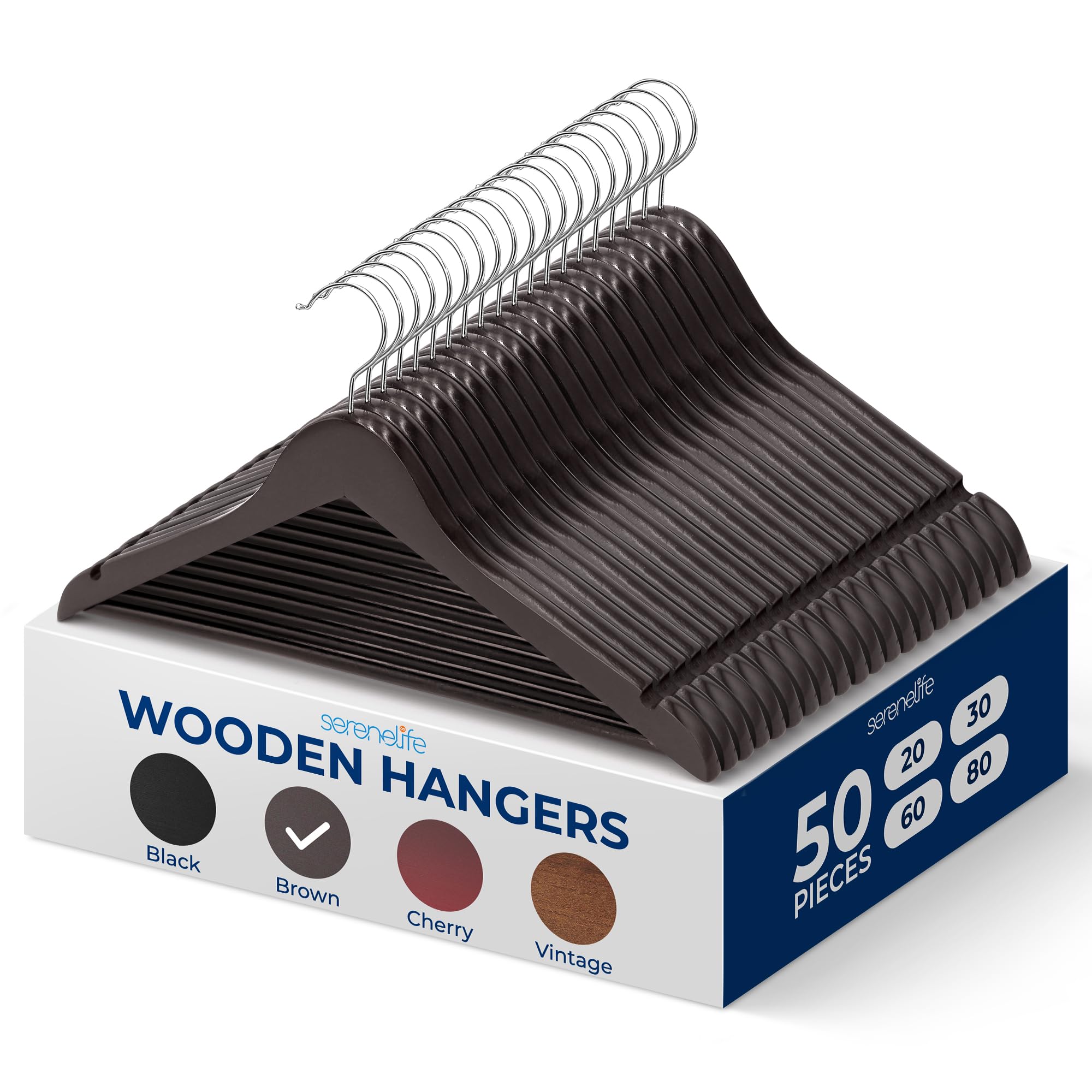 SereneLife 50-Pack Wooden Coat Hangers – Durable Suit Hangers with 360° Swivel Hook & Notches (Brown) SereneLife 50-Pack Wooden Coat Hangers – Durable Suit Hangers with 360° Swivel Hook & Notches (Brown)