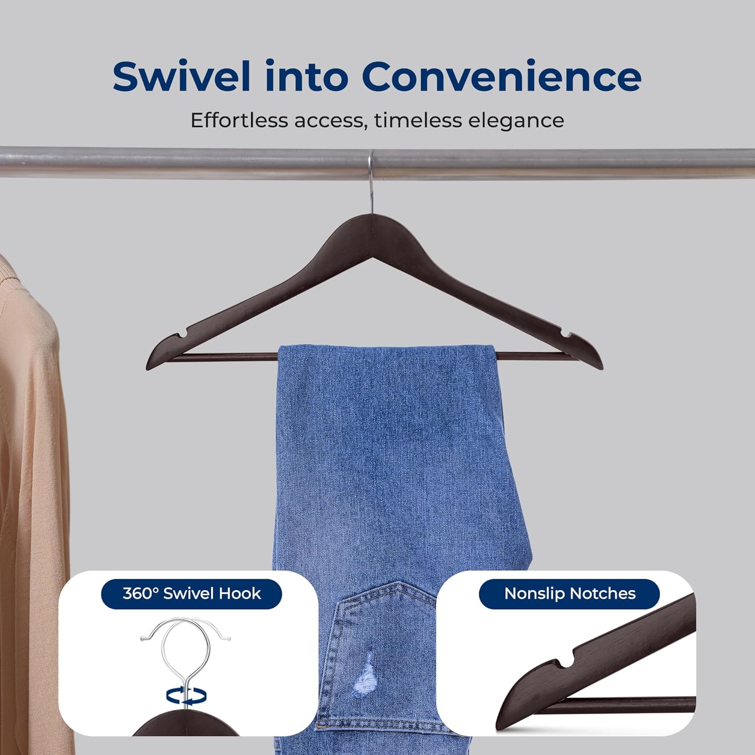 SereneLife 50-Pack Wooden Coat Hangers – Durable Suit Hangers with 360° Swivel Hook & Notches (Brown) SereneLife 50-Pack Wooden Coat Hangers – Durable Suit Hangers with 360° Swivel Hook & Notches (Brown) - Image 3