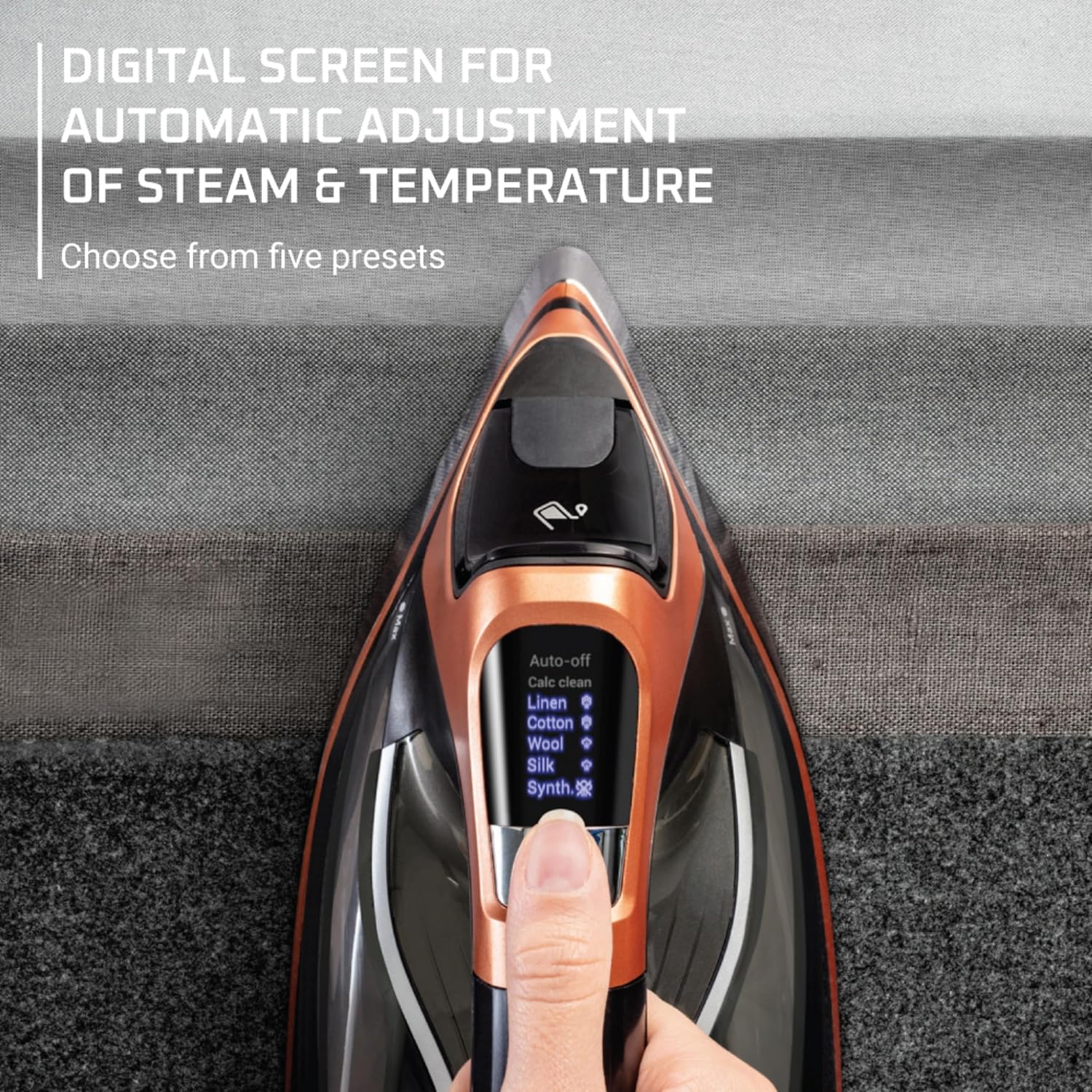 Rowenta Iron Steam Force Pro Steam Iron for Clothes 1850 watts, 5 presets Smart Screen, Stainless Steel Soleplate, Black Copper Rowenta Iron Steam Force Pro Steam Iron for Clothes 1850 watts, 5 presets Smart Screen, Stainless Steel Soleplate, Black Copper - Image 4