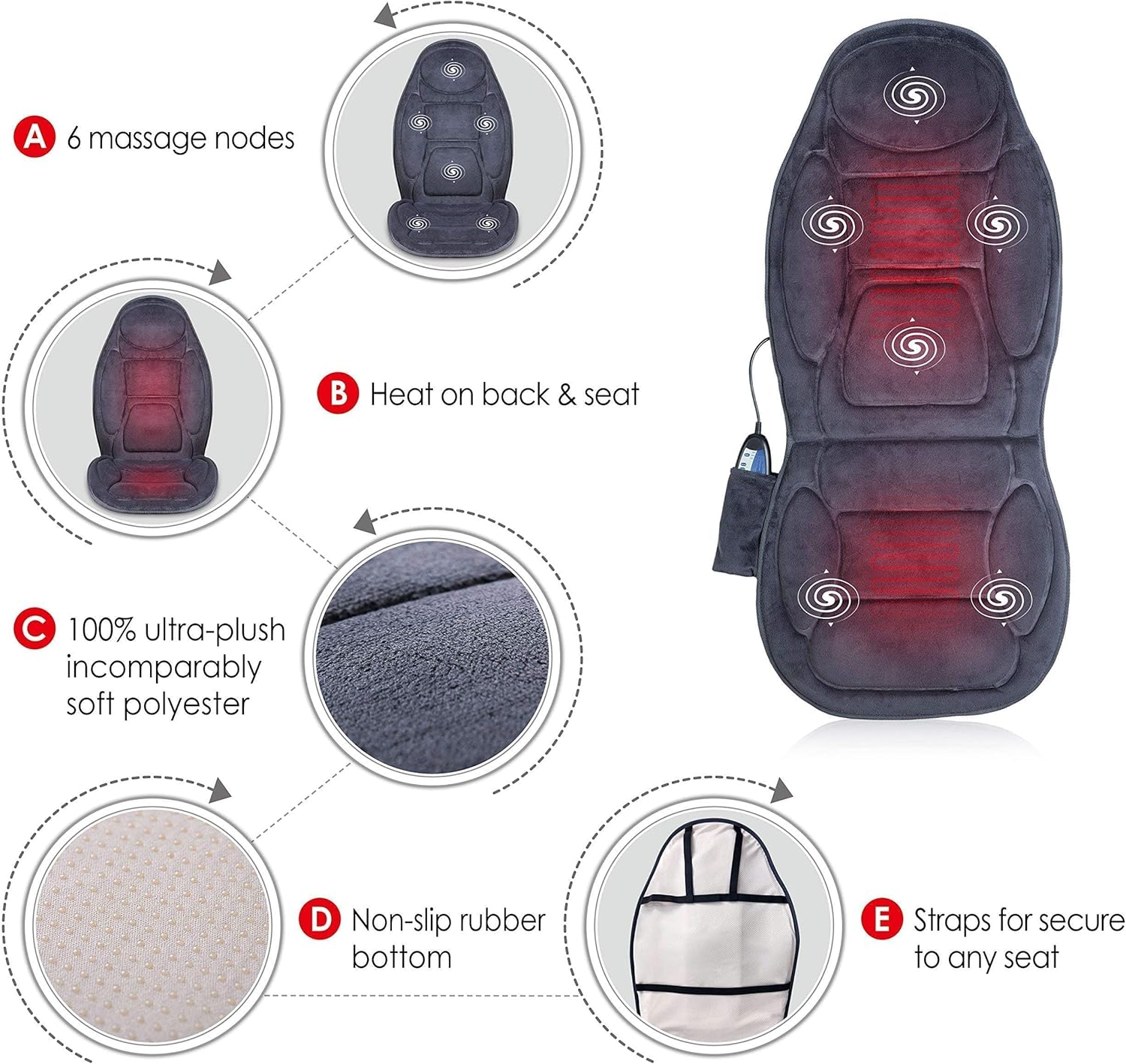 Snailax Vibration Back Massager with Heat, Massage Seat Cushion with 6 Vibrating Motors and 2 Heat Levels Snailax Vibration Back Massager with Heat, Massage Seat Cushion with 6 Vibrating Motors and 2 Heat Levels - Image 4