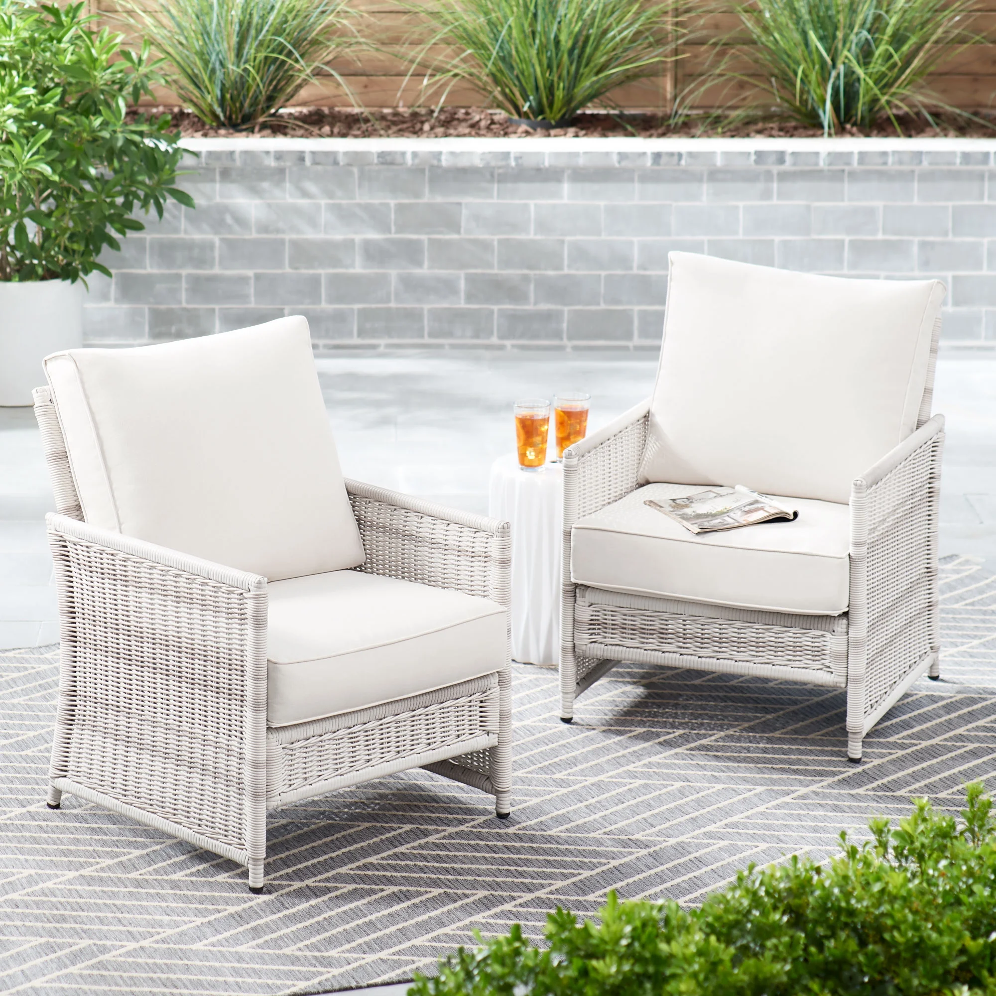 Better Homes & Gardens Paige Outdoor Wicker Stationary Lounge Chairs, Set of 2, White Better Homes & Gardens Paige Outdoor Wicker Stationary Lounge Chairs, Set of 2, White