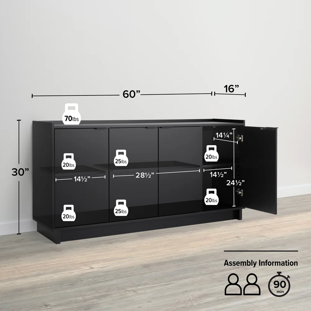 Prepac Finnley Sideboard Cabinet Buffet Cabinet, Black Prepac Finnley Sideboard Cabinet Buffet Cabinet, Black - Image 4