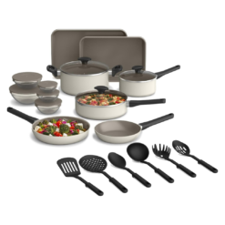 bella 21 Piece Kitchen Set with EverGood Ceramic Nonstick Coating​, Dishwasher & Oven Safe, All Stovetops Compatible, Tempered Glass Lids & Cool Touch Handles, Oatmilk