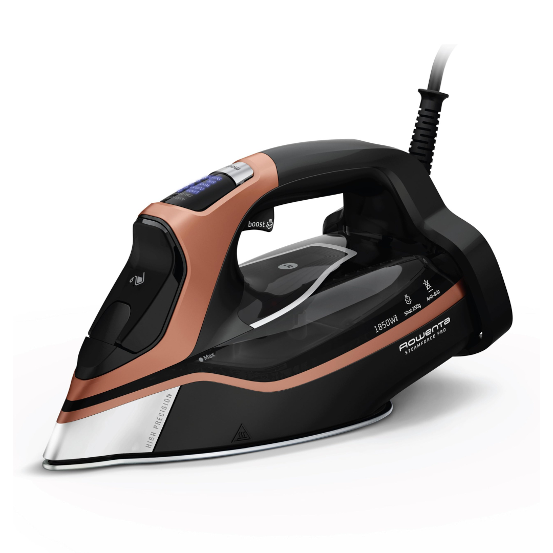 Rowenta Iron Steam Force Pro Steam Iron for Clothes 1850 watts, 5 presets Smart Screen, Stainless Steel Soleplate, Black Copper Rowenta Iron Steam Force Pro Steam Iron for Clothes 1850 watts, 5 presets Smart Screen, Stainless Steel Soleplate, Black Copper
