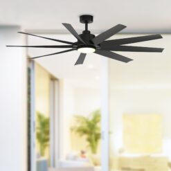 Fanimation Studio Collection SixtyFour 64-Inches Black with Matte Black Blades Color-Changing Integrated LED Fixture Indoor/Outdoor Downrod mount Standard Ceiling Fan With Light and Remote ( 9 -Blade)
