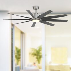 Fanimation Studio Collection SixtyFour 64-Inches Brushed Nickel with Black Blades Color-Changing Integrated LED Fixture Indoor/Outdoor Downrod mount Standard Ceiling Fan With Light and Remote ( 9 -Blade)