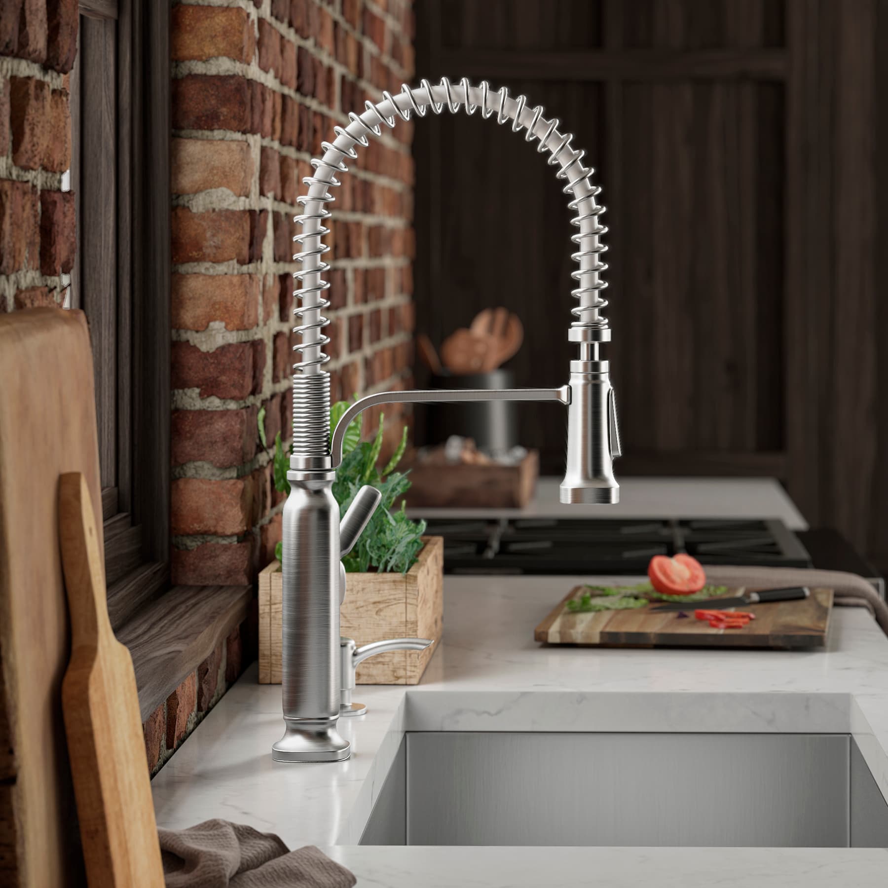 KOHLER Ealing Pre-Rinse Spring Vibrant Stainless Single Handle Deck-mount Pull-down Kitchen Faucet with Sprayer KOHLER Ealing Pre-Rinse Spring Vibrant Stainless Single Handle Deck-mount Pull-down Kitchen Faucet with Sprayer ( Deck Plate Included ) (Soap Dispenser Included)