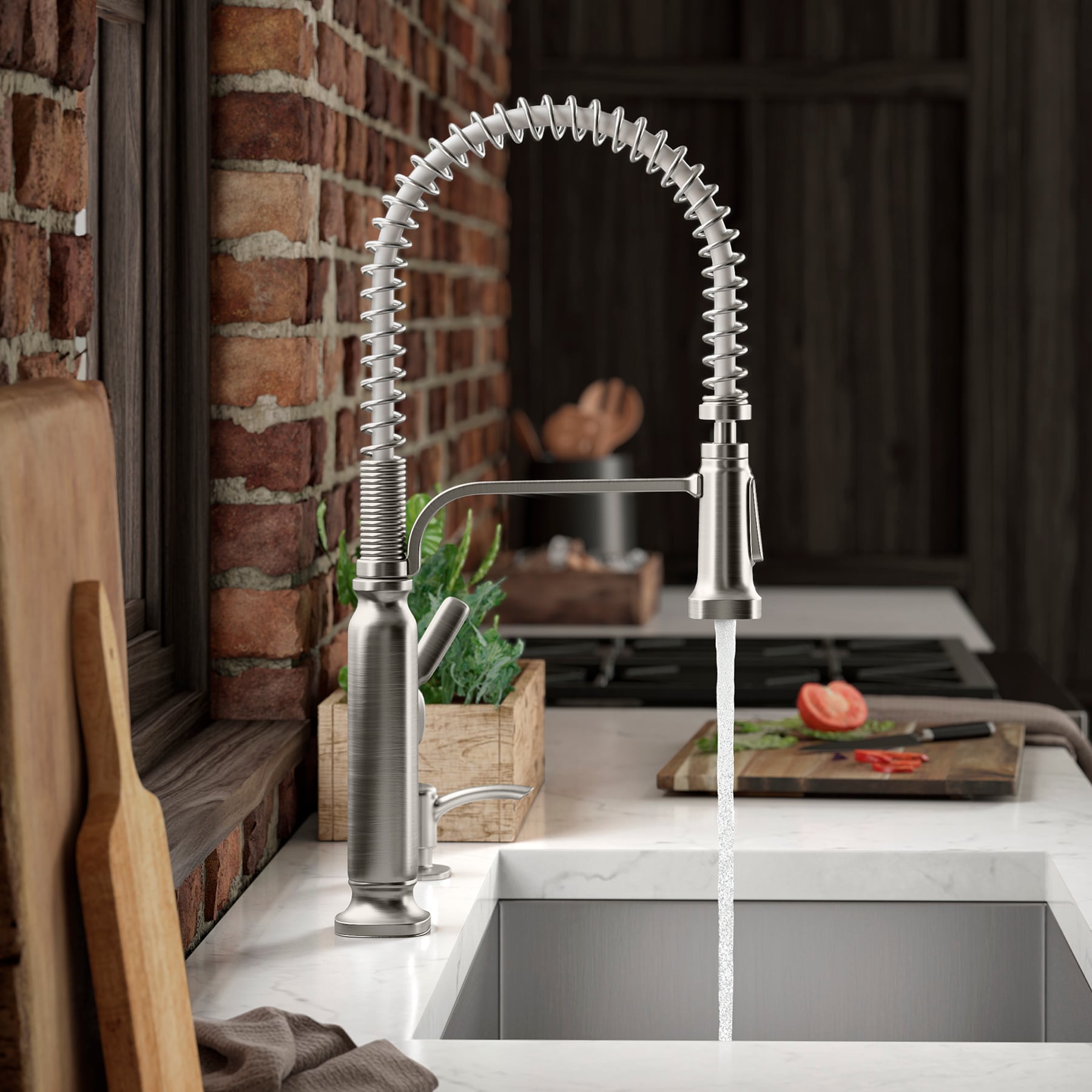KOHLER Ealing Pre-Rinse Spring Vibrant Stainless Single Handle Deck-mount Pull-down Kitchen Faucet with Sprayer KOHLER Ealing Pre-Rinse Spring Vibrant Stainless Single Handle Deck-mount Pull-down Kitchen Faucet with Sprayer ( Deck Plate Included ) (Soap Dispenser Included)