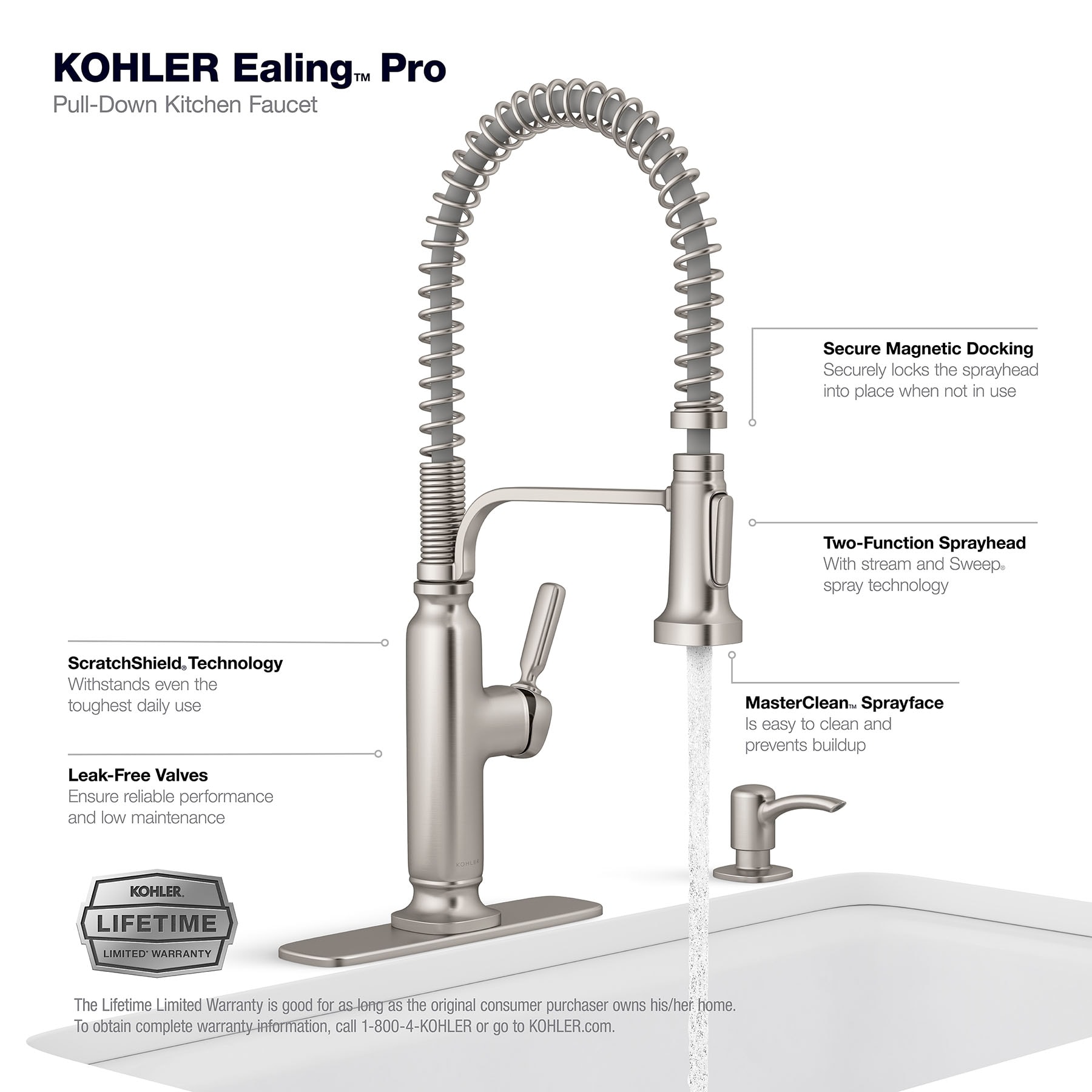 KOHLER Ealing Pre-Rinse Spring Vibrant Stainless Single Handle Deck-mount Pull-down Kitchen Faucet with Sprayer KOHLER Ealing Pre-Rinse Spring Vibrant Stainless Single Handle Deck-mount Pull-down Kitchen Faucet with Sprayer ( Deck Plate Included ) (Soap Dispenser Included)