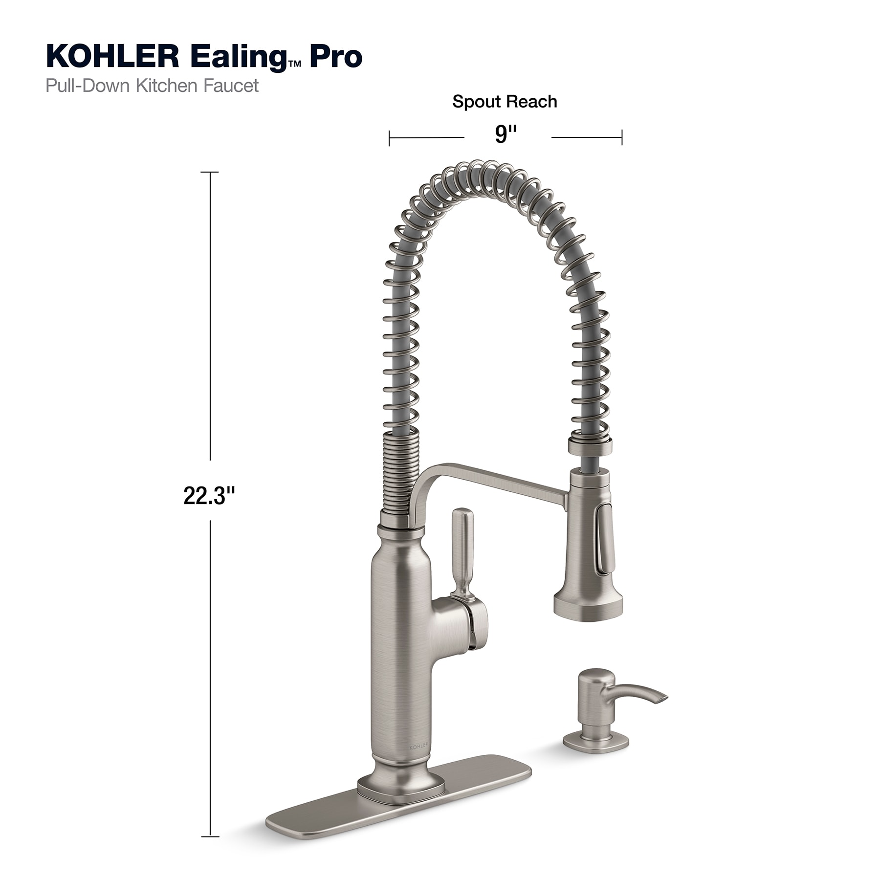 KOHLER Ealing Pre-Rinse Spring Vibrant Stainless Single Handle Deck-mount Pull-down Kitchen Faucet with Sprayer KOHLER Ealing Pre-Rinse Spring Vibrant Stainless Single Handle Deck-mount Pull-down Kitchen Faucet with Sprayer ( Deck Plate Included ) (Soap Dispenser Included)