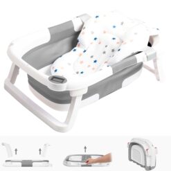Napei Collapsible Baby Bathtub, Baby Bath Tub with Soft Cushion & Thermometer, Gray