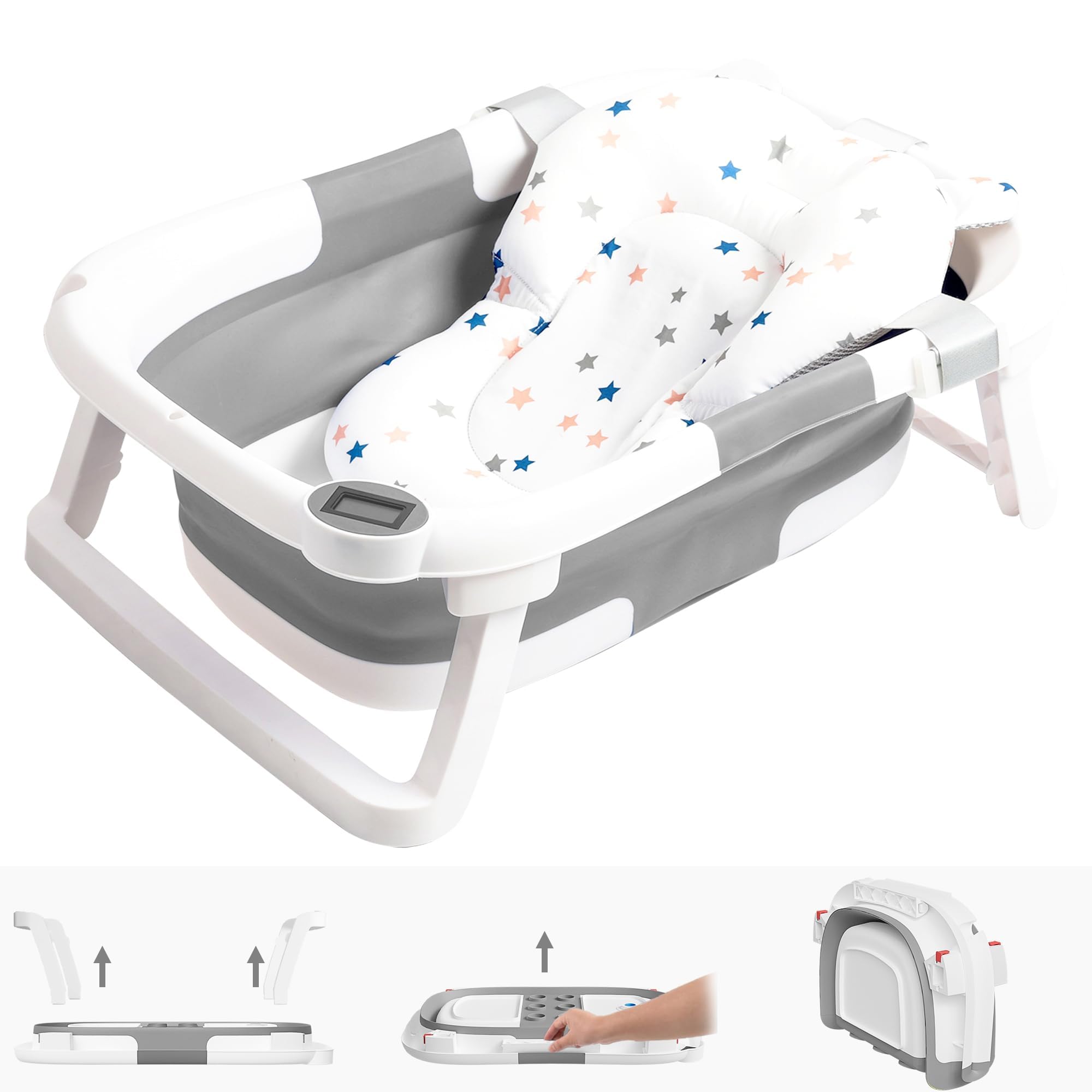 Napei Collapsible Baby Bathtub, Baby Bath Tub with Soft Cushion & Thermometer, Gray Napei Collapsible Baby Bathtub, Baby Bath Tub with Soft Cushion & Thermometer, Gray