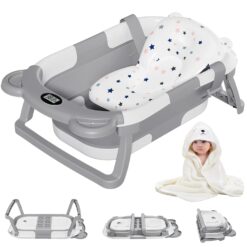 MoreFeel Collapsible Baby Bathtub for Newborn with Thermometer & 1 Hooded Towel & 1 Soft Floating Cushion