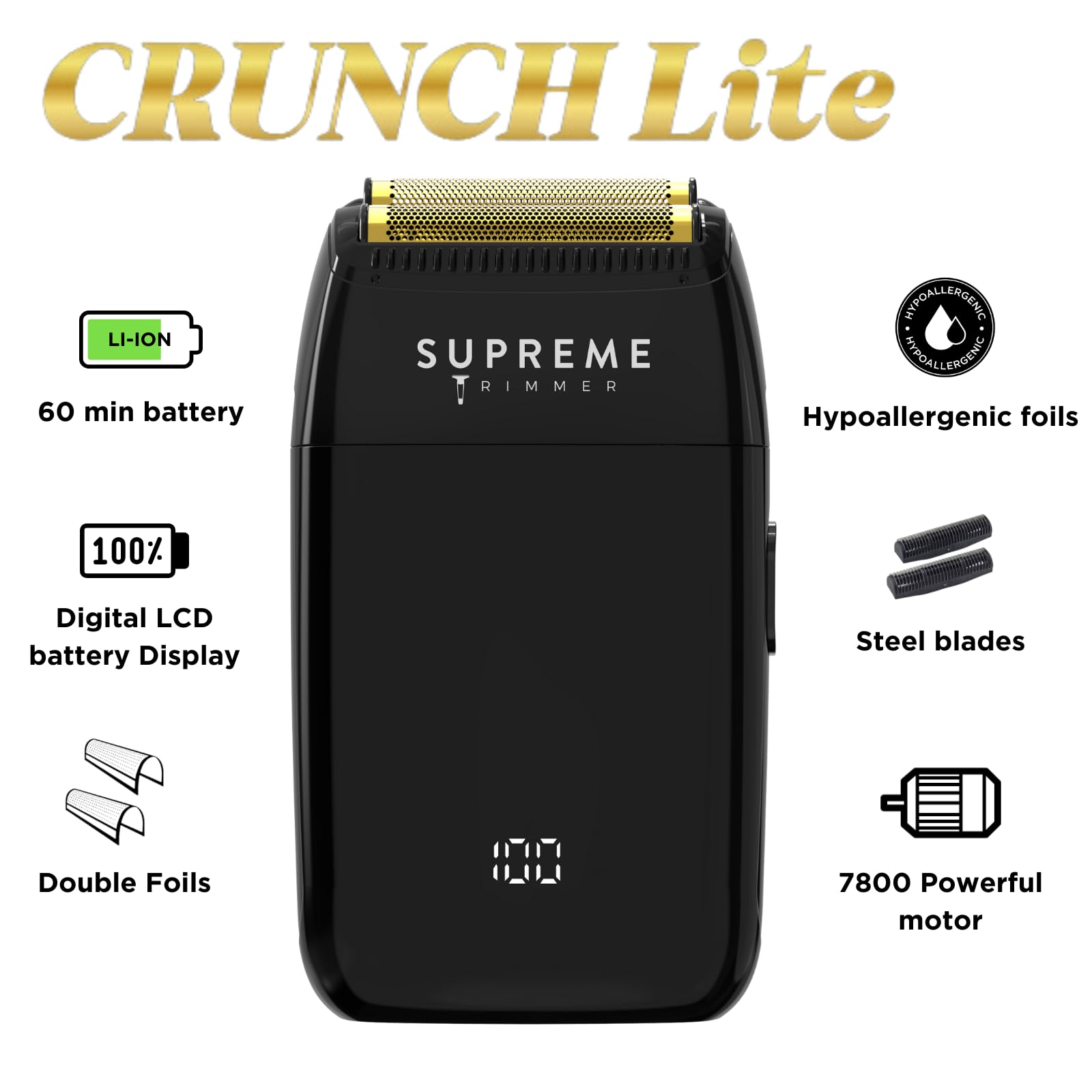 Supreme Trimmer Crunch Lite Foil Shaver for Men (60 Minute Runtime) Men's Electric Razor for Bald Head, Black Supreme Trimmer Crunch Lite Foil Shaver for Men (60 Minute Runtime) Men's Electric Razor for Bald Head, Black - Image 9