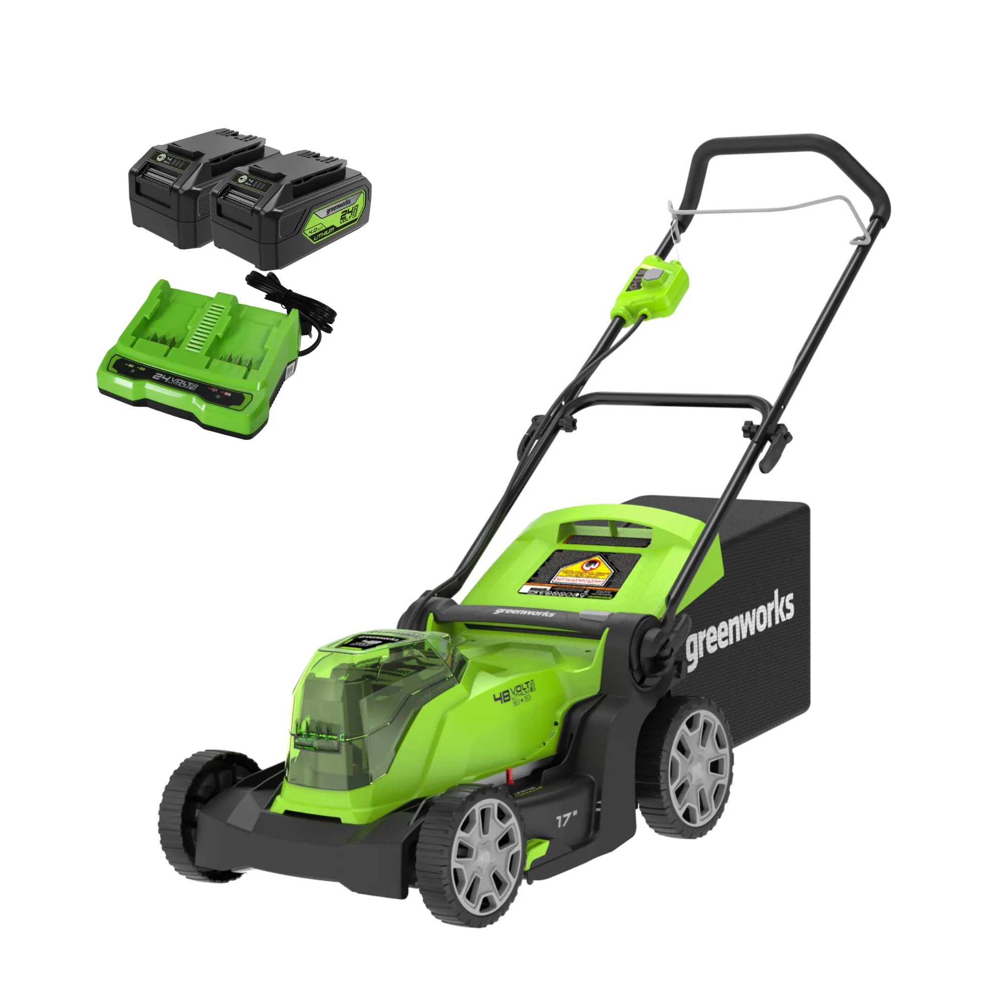 Greenworks 48-volt , ( 2 ) 4 Ah 17-in Push Battery Walk Mower, Bagger Included Greenworks 48-volt , ( 2 ) 4 Ah 17-in Push Battery Walk Mower, Bagger Included