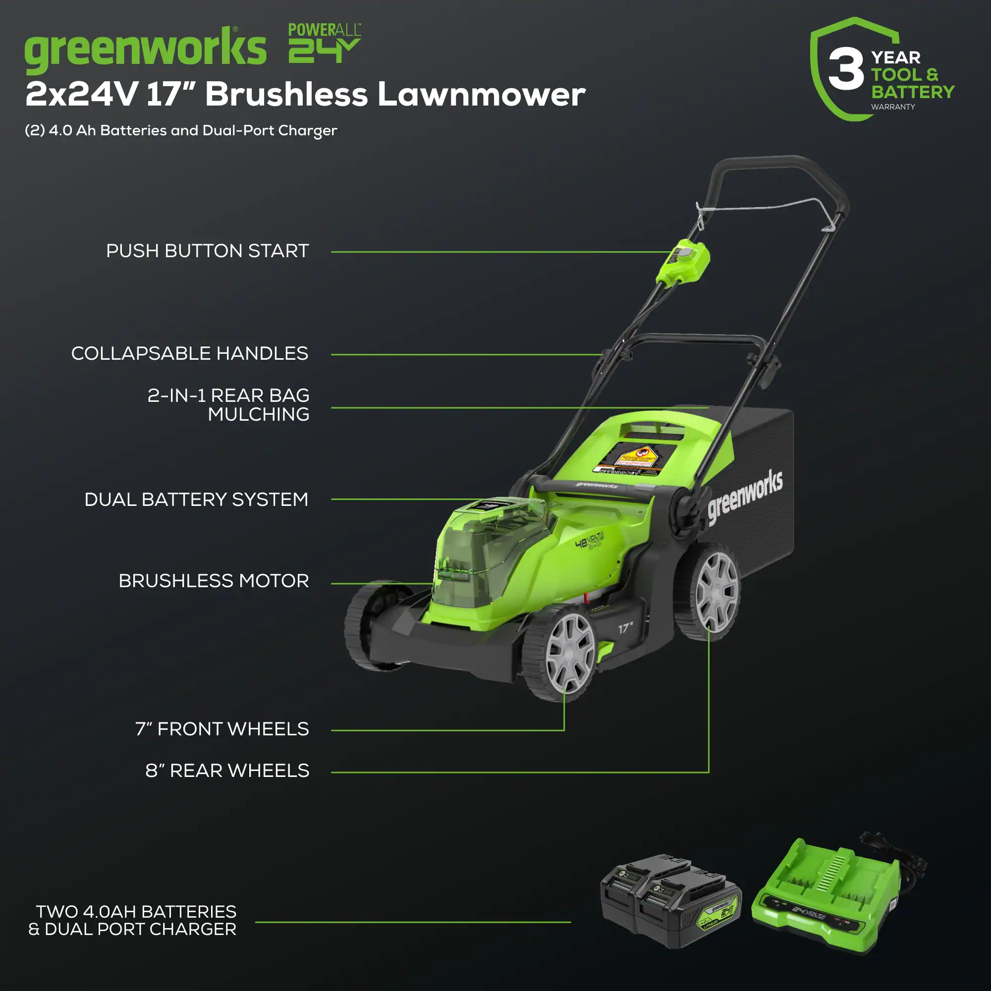 Greenworks 48-volt , ( 2 ) 4 Ah 17-in Push Battery Walk Mower, Bagger Included Greenworks 48-volt , ( 2 ) 4 Ah 17-in Push Battery Walk Mower, Bagger Included - Image 12