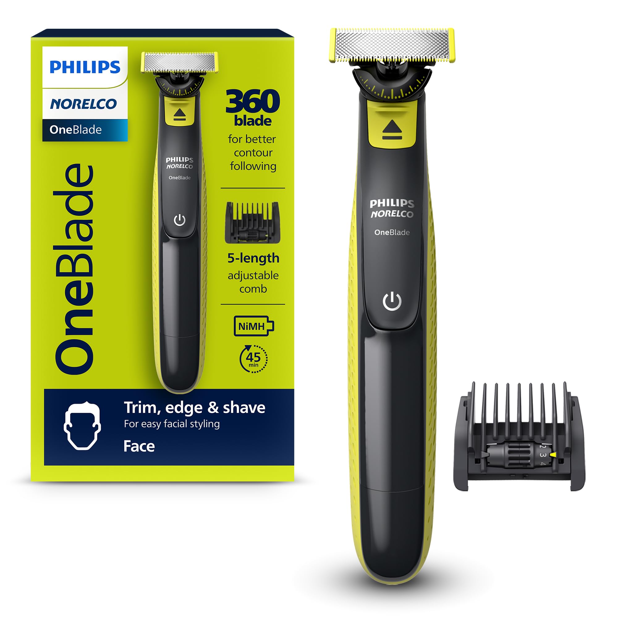 Philips Norelco OneBlade 360 Face, Hybrid Electric Beard Trimmer and Shaver with 5-in-1 Face Stubble Comb Philips Norelco OneBlade 360 Face, Hybrid Electric Beard Trimmer and Shaver with 5-in-1 Face Stubble Comb
