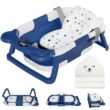MoreFeel Collapsible Baby Bathtub for Newborn with Thermometer & 1 Hooded Towel & 1 Soft Floating Cushion, Navy Blue