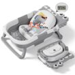 Collapsible Baby Bathtub for Newborn, Foldable Baby Bath Tub with Thermometer & Soft Floating Cushion & Drain Hole, Grey