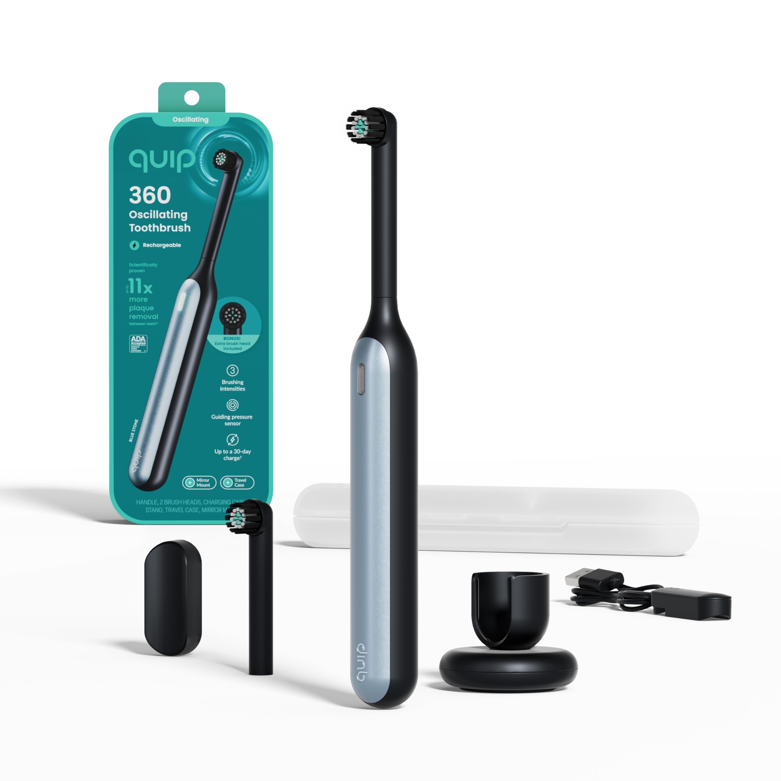 Quip 360 Oscillating Rechargeable Electric Toothbrush with Extra Brush Head - Blue Stone Quip 360 Oscillating Rechargeable Electric Toothbrush with Extra Brush Head - Blue Stone