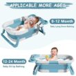 MoreFeel Collapsible Baby Bathtub for Newborn with Thermometer & 1 Hooded Towel & 1 Soft Floating Cushion, Blue