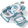Collapsible Baby Bathtub for Newborn, Foldable Baby Bath Tub with Thermometer & Soft Floating Cushion & Drain Hole, Blue