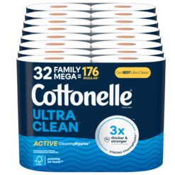 Cottonelle Ultra Clean Toilet Paper with Active CleaningRipples Texture, Strong Bath Tissue, 32 Family Mega Rolls (8 Packs of 4)