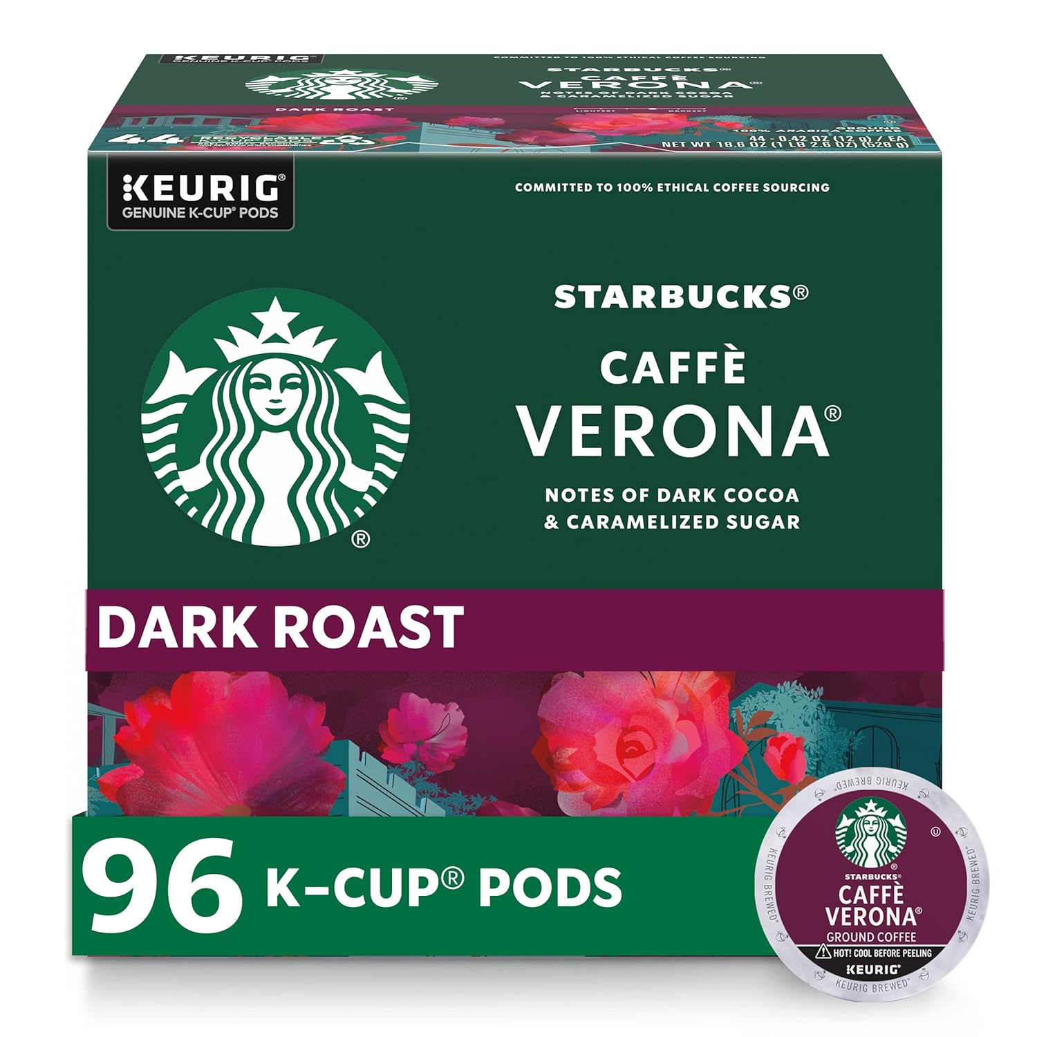 Starbucks K-Cup Coffee Pods, Dark Roast Coffee, Caffè Verona for Keurig Brewers, 100% Arabica, 4 boxes (96 pods total) Starbucks K-Cup Coffee Pods, Dark Roast Coffee, Caffè Verona for Keurig Brewers, 100% Arabica, 4 boxes (96 pods total)