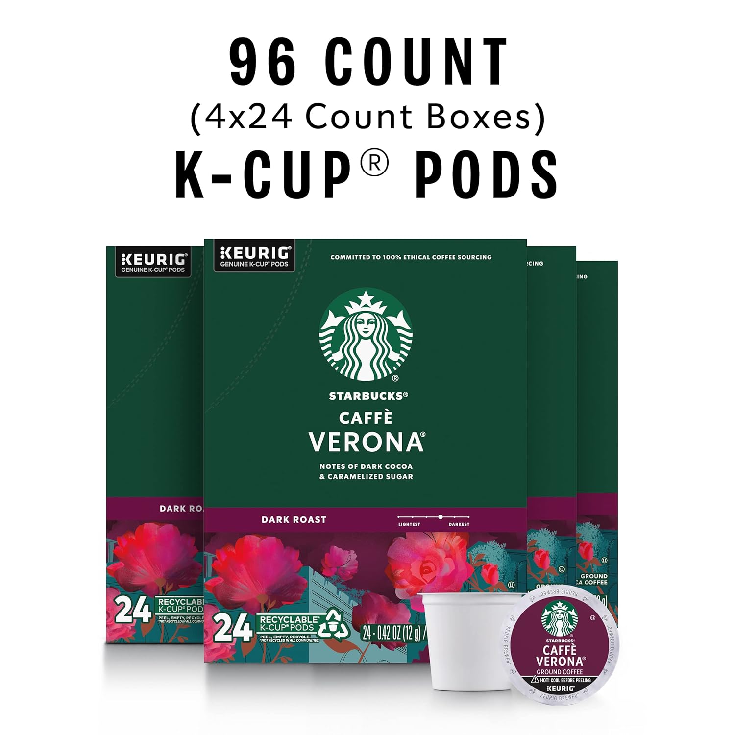 Starbucks K-Cup Coffee Pods, Dark Roast Coffee, Caffè Verona for Keurig Brewers, 100% Arabica, 4 boxes (96 pods total) Starbucks K-Cup Coffee Pods, Dark Roast Coffee, Caffè Verona for Keurig Brewers, 100% Arabica, 4 boxes (96 pods total) - Image 2