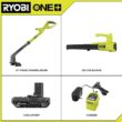 RYOBI ONE+ 18V Cordless String Trimmer/Edger and Blower/Sweeper Combo Kit (2-Tools) with 2.0 Ah Battery and Charger PCLCK201K