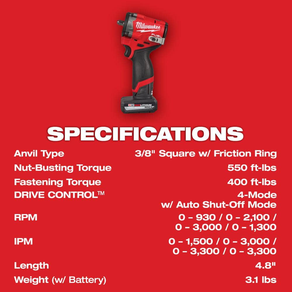 Milwaukee M12 FUEL 12V Li-Ion Brushless Cordless Stubby 3/8 in. Impact Wrench Kit w/(1) 5.0 Ah High Output Battery 2562-21 Milwaukee M12 FUEL 12V Li-Ion Brushless Cordless Stubby 3/8 in. Impact Wrench Kit w/(1) 5.0 Ah High Output Battery 2562-21