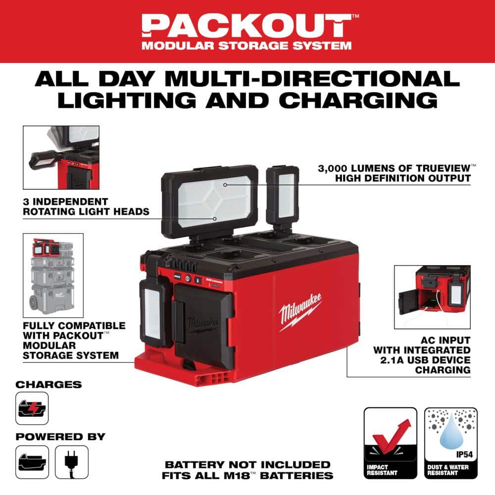 Milwaukee M18 18-Volt Lithium-Ion Cordless PACKOUT 3000 Lumens LED Light with Built-In Charger 2357-20 Milwaukee M18 18-Volt Lithium-Ion Cordless PACKOUT 3000 Lumens LED Light with Built-In Charger 2357-20