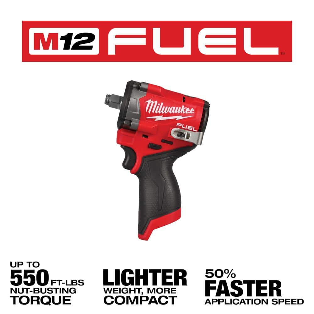 Milwaukee M12 FUEL 12V Lithium-Ion Brushless Cordless Stubby 1/2 in. Impact Wrench with Pin Detent (Tool-Only) 2563P-20 Milwaukee M12 FUEL 12V Lithium-Ion Brushless Cordless Stubby 1/2 in. Impact Wrench with Pin Detent (Tool-Only) 2563P-20