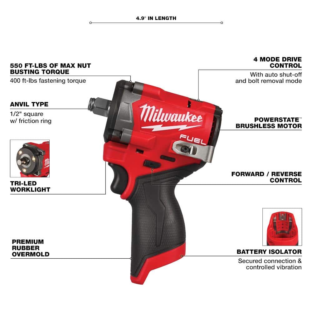 Milwaukee M12 FUEL 12V Lithium-Ion Brushless Cordless Stubby 1/2 in. Impact Wrench with Pin Detent (Tool-Only) 2563P-20 Milwaukee M12 FUEL 12V Lithium-Ion Brushless Cordless Stubby 1/2 in. Impact Wrench with Pin Detent (Tool-Only) 2563P-20