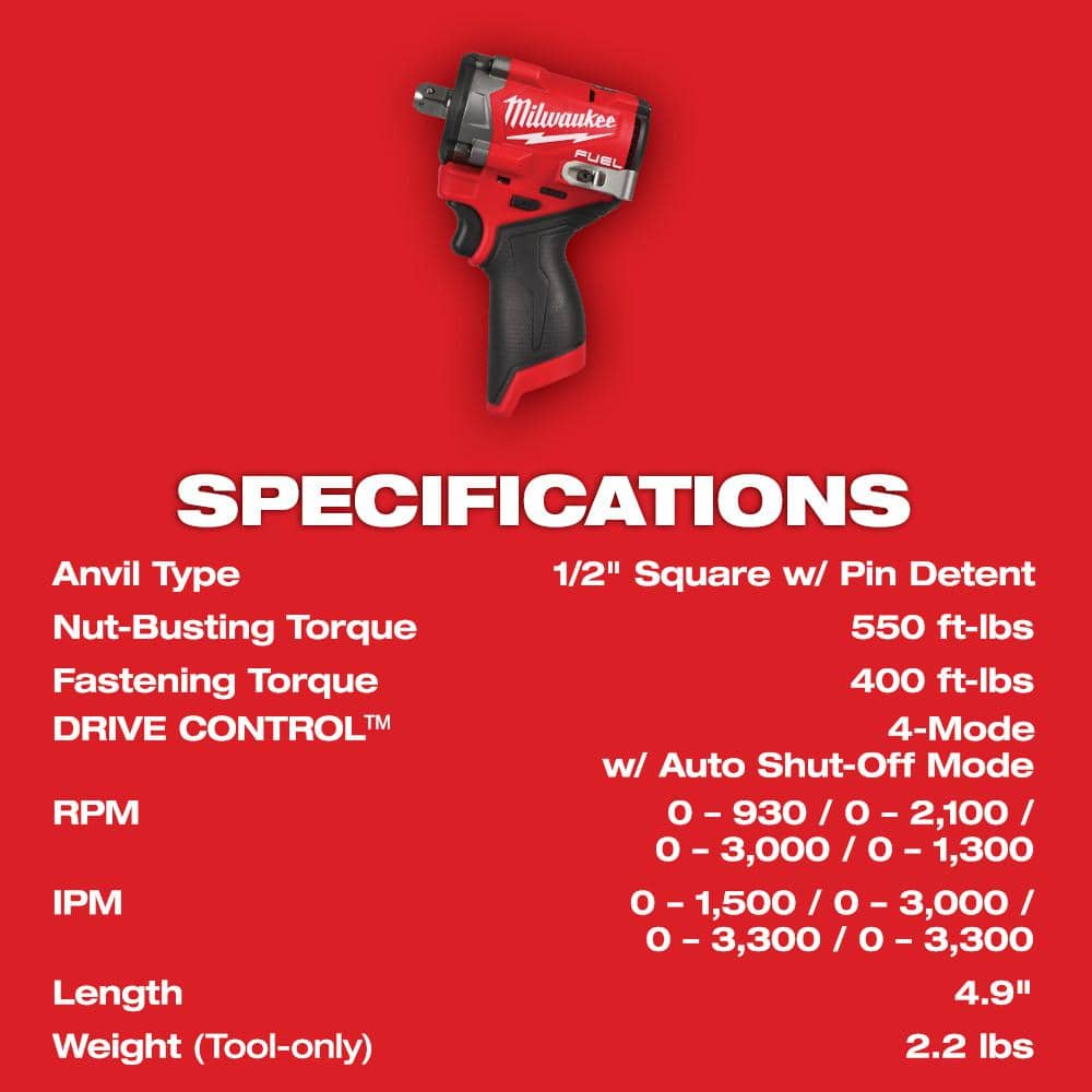 Milwaukee M12 FUEL 12V Lithium-Ion Brushless Cordless Stubby 1/2 in. Impact Wrench with Pin Detent (Tool-Only) 2563P-20 Milwaukee M12 FUEL 12V Lithium-Ion Brushless Cordless Stubby 1/2 in. Impact Wrench with Pin Detent (Tool-Only) 2563P-20