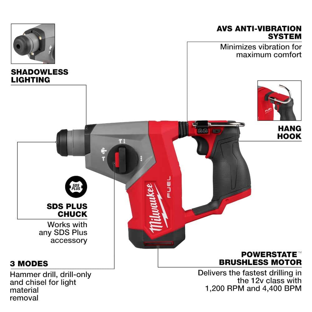 Milwaukee M12 FUEL 12V Lithium-Ion Brushless Cordless 5/8 in. SDS-Plus Rotary Hammer Drill (Tool-Only) 2508-20 Milwaukee M12 FUEL 12V Lithium-Ion Brushless Cordless 5/8 in. SDS-Plus Rotary Hammer Drill (Tool-Only) 2508-20