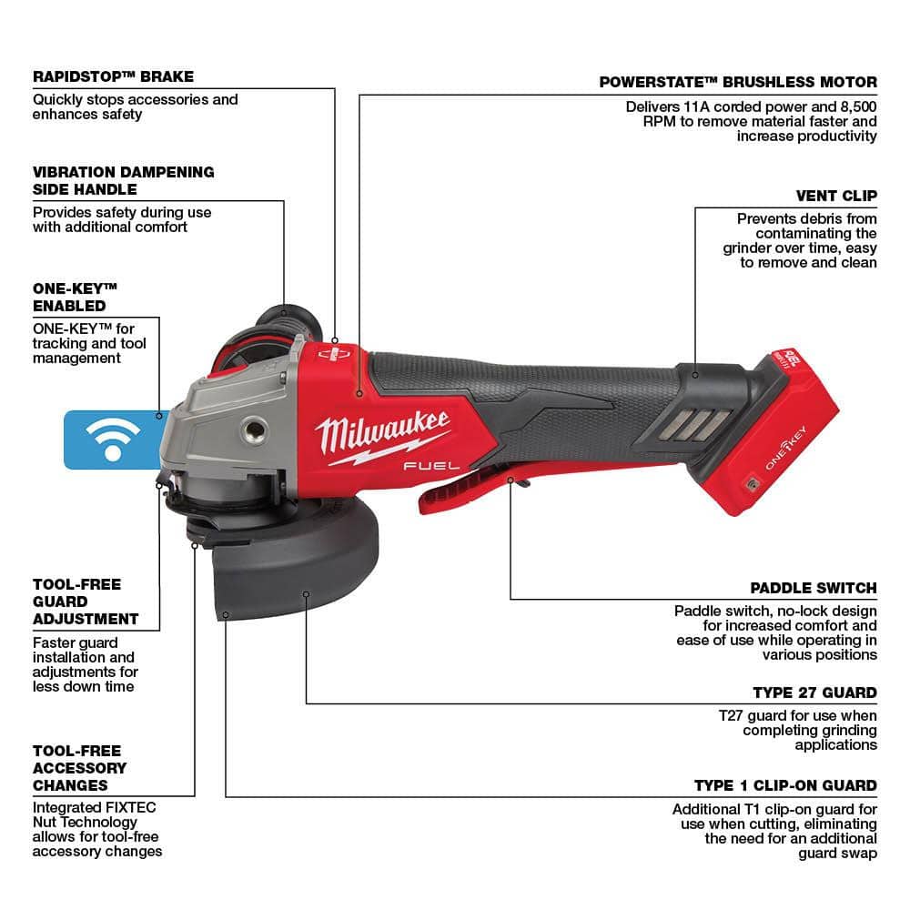Milwaukee M18 FUEL 18V Lithium-Ion Brushless Cordless 4-1/2 in./5 in. Braking Grinder With Paddle Switch (Tool-Only) 2882-20 Milwaukee M18 FUEL 18V Lithium-Ion Brushless Cordless 4-1/2 in./5 in. Braking Grinder With Paddle Switch (Tool-Only) 2882-20