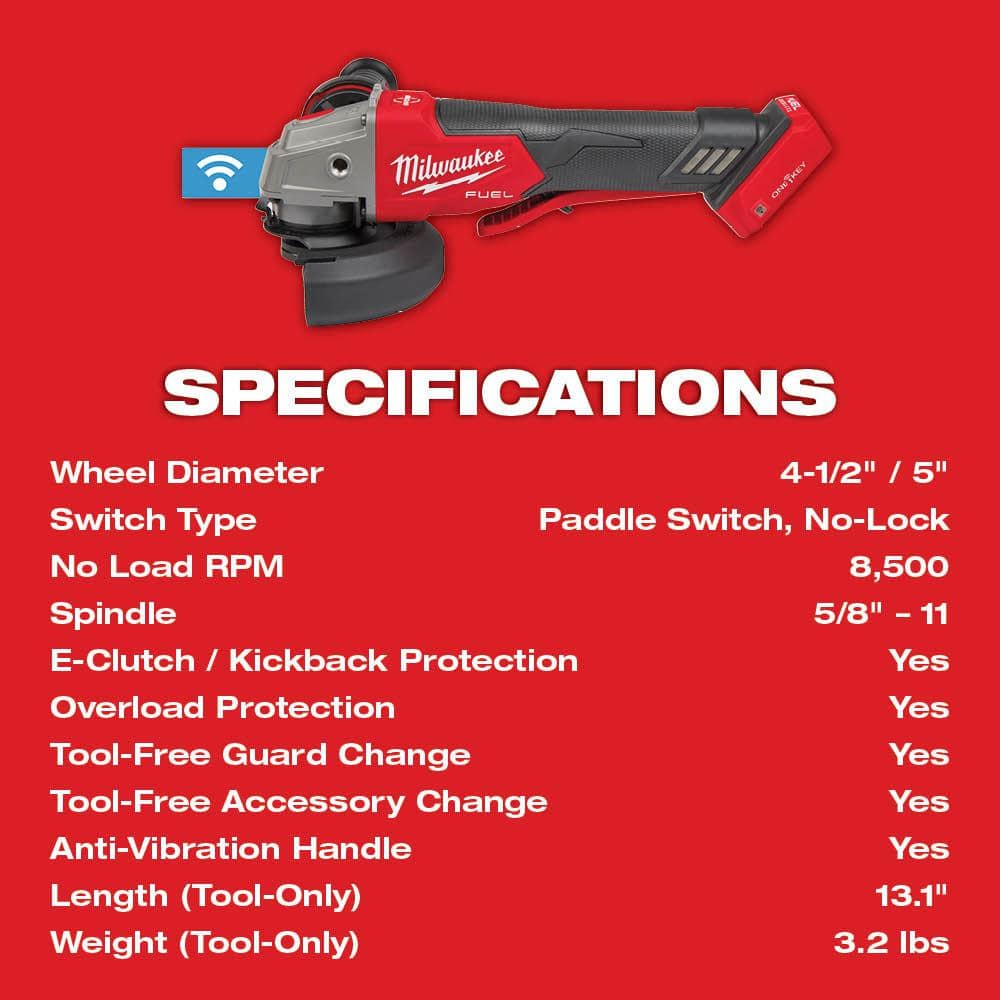 Milwaukee M18 FUEL 18V Lithium-Ion Brushless Cordless 4-1/2 in./5 in. Braking Grinder With Paddle Switch (Tool-Only) 2882-20 Milwaukee M18 FUEL 18V Lithium-Ion Brushless Cordless 4-1/2 in./5 in. Braking Grinder With Paddle Switch (Tool-Only) 2882-20