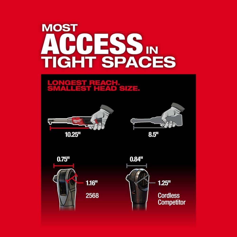 Milwaukee M12 FUEL 12V Lithium-Ion Brushless Cordless 1/4 in. Extended Reach High Speed Ratchet (Tool Only) 2568-20 Milwaukee M12 FUEL 12V Lithium-Ion Brushless Cordless 1/4 in. Extended Reach High Speed Ratchet (Tool Only) 2568-20
